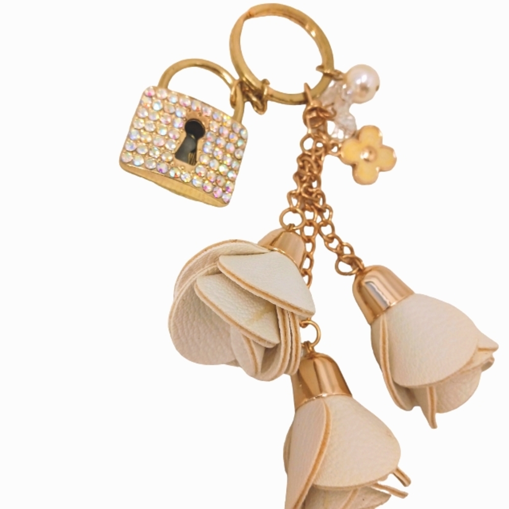 Luxe Keychain Enamel Charm Clover Flower Fleur Crystal Lock White Leather Roses